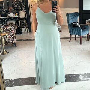 Birdy Grey Doris sage chiffon bridesmaid dress- I had the ruffle straps removed.